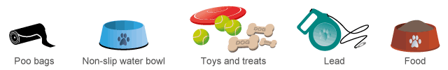 Dog poo bags, Water Bowl, Treats & Toys, Leads, Food Bowl - Pet friendly amenities