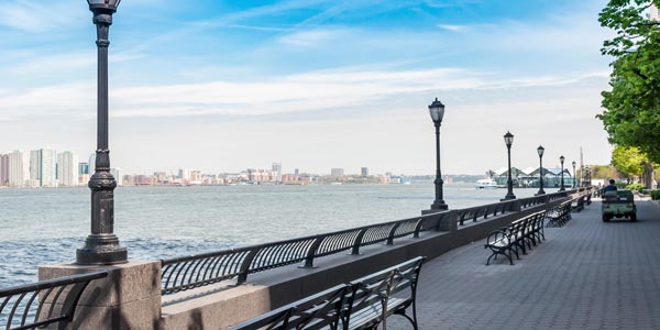 Battery Park City esplanade with waterfront views