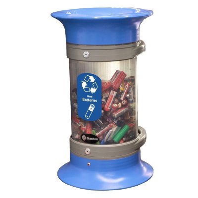 C-Thru™ 5Q Battery Recycling Bin with Express Shipping With Funnel Aperture & Recycling Decal - 4 Colors