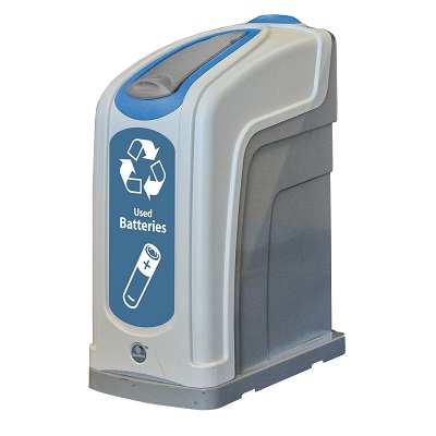 Nexus® 13G Battery Recycle Bin with Flip Lid & Express Shipping Slim 13-Gallon Battery Bin with Closed Aperture & Blue Decal