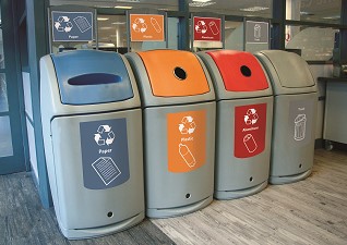 Nexus® 36G Recycling Bins as centralized recycling station for paper, bottles, cans and trash in government office