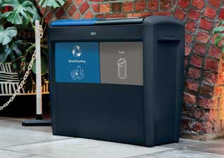 Glasdon, Inc. Eco Nexus 16G recycling bins with decals for mixed reycling and trash