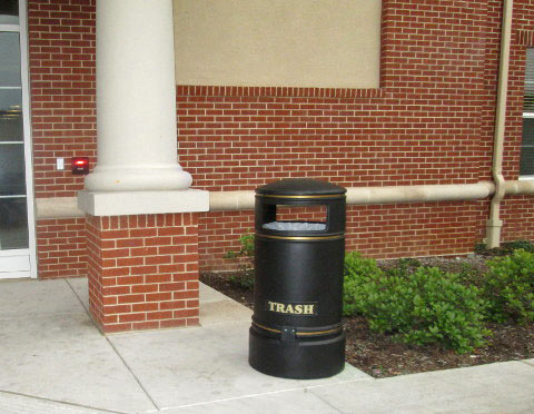 Topsy Jubilee Trash Can outside dormitory entrance/exit