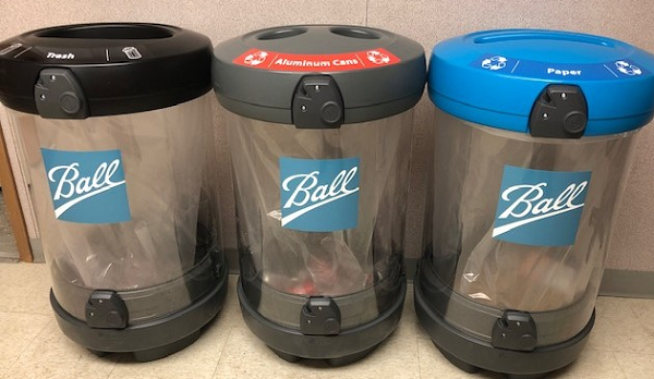 Three personalized C-Thru 48G Recycling Bins with the Ball Corporation Logo