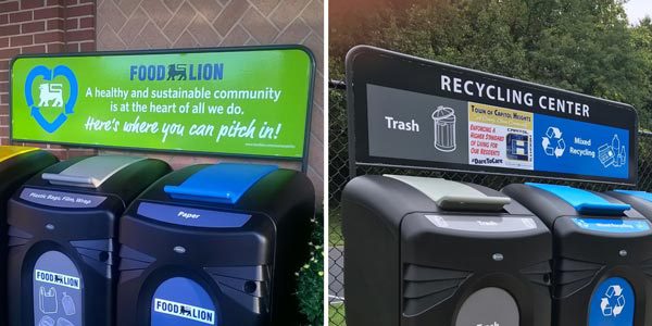Personalized signboards on the Nexus® City 64G Recycling Container by Glasdon
