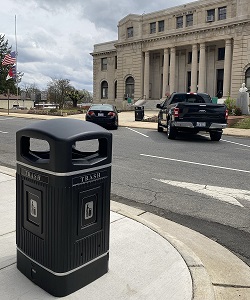 Jubilee trash can in front of a building