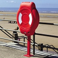Red Post Mounted Guardian Life Ring Cabinet on Beach