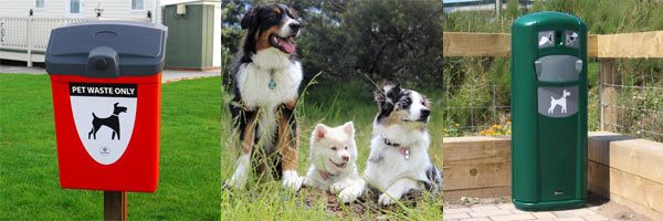 Fido Pet Waste Station, three dogs in a field and the Retriever City Pet Waste Station side-by-side