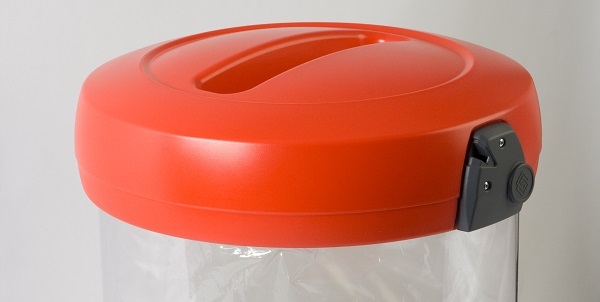 A red aperture lid on a C-Thru 48G Recycling Bin