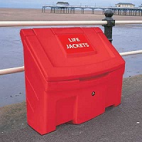 Image of Red Slimline 42G Life Jacket Storage Container on beach