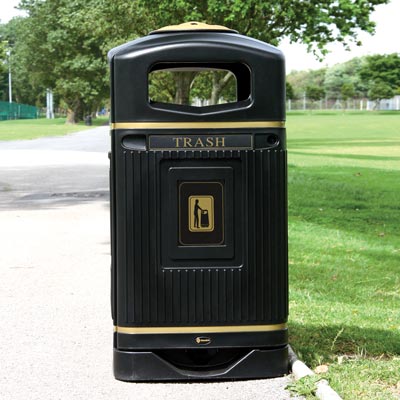 Glasdon Jubilee 29G trash can in black with optional hood mounted ashtray