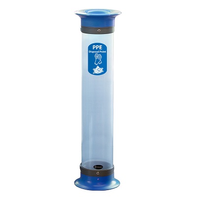 C-Thru™ 15Q PPE Waste Bin with Free Express Shipping Transparent Tube With Blue Funnel Aperture & PPE Decal