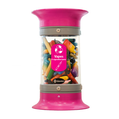 C-Thru™ 5Q Vape Recycling Bin with Express Shipping Magenta Funnel Aperture with Magenta Vape Decal