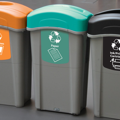 Eco Nexus&reg; 23G Paper Recycling Container with pastel green lid and graphics