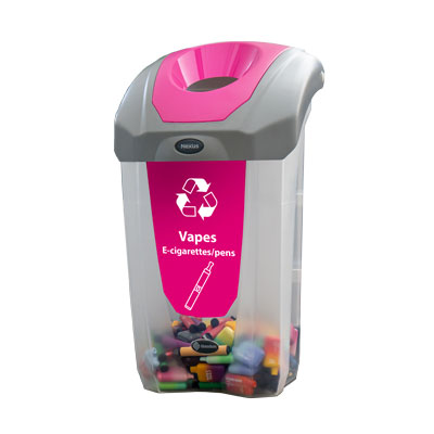 C-Thru Nexus® 8G Vape Recycling Bin with Express Shipping Clear body with Magenta Cans, Vape Sticker & Bottle Aperture.