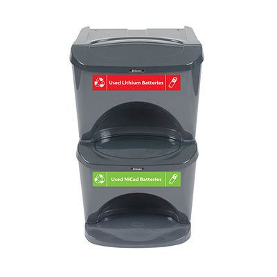 Nexus® Stack 16G Battery Recycling Bin with Free Express Shipping - Variety Decal Set Stackable 16G Battery Bin with Variety Battery Recycling Decals